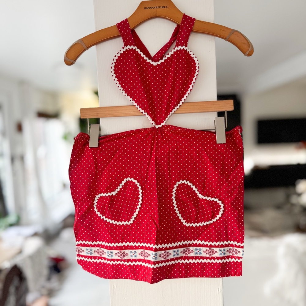 Red Polka Dot Child or Doll Apron with Heart Detail